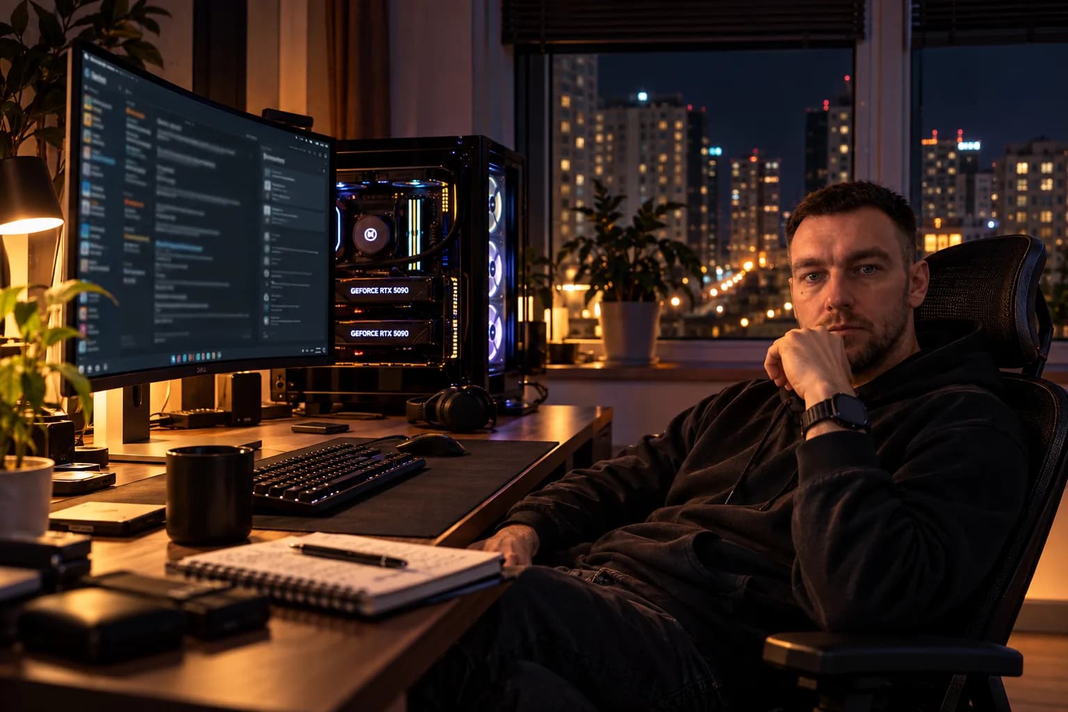 Николай Коробов за рабочей станцией с двумя RTX 5090